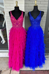 Gorgeous A Line V Neck Fuchsia/Royal Blue Long Prom Dress with Appliques
