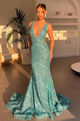 Sparkly Mermaid Deep V Neck Orange Sequins Long Prom Dress with Backless
