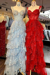 Princess A Line Sweetheart Silver Corset Prom Dress with Lace Ruffles