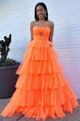 Stylish A Line Halter Neck Orange Long Prom Dress with Ruffles