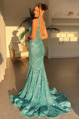 Sparkly Mermaid Deep V Neck Orange Sequins Long Prom Dress with Backless