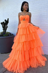 Stylish A Line Halter Neck Orange Long Prom Dress with Ruffles