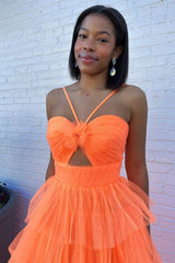 Stylish A Line Halter Neck Orange Long Prom Dress with Ruffles