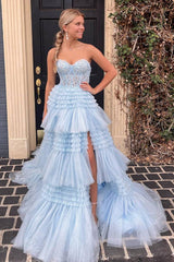 Princess A Line Sweetheart Fuchsia Corset Prom Dress with Appliques Ruffles