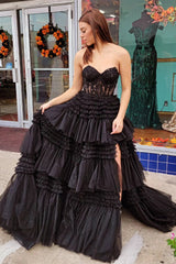 Princess A Line Sweetheart Fuchsia Corset Prom Dress with Appliques Ruffles