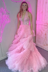 Lavender Glitter A-Line Halter Neck Open Back Long Ruffle Tulle Prom Dress