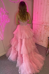 Lavender Glitter A-Line Halter Neck Open Back Long Ruffle Tulle Prom Dress