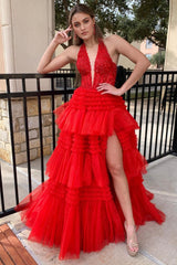 Lavender Glitter A-Line Halter Neck Open Back Long Ruffle Tulle Prom Dress