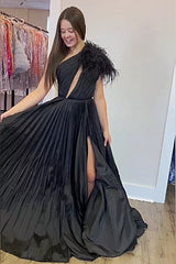Pleated Feather One Shoulder Fuchsia Long Prom Dress