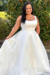 Glittery Square Neck Backless A-Line Long Wedding Dress