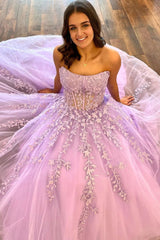 Stylish A Line Strapless Purple Corset Prom Dress with Appliques