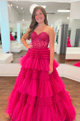 Princess A Line Sweetheart Fuchsia Corset Prom Dress with Appliques Ruffles