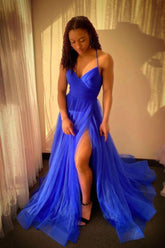 Stylish A Line Spaghetti Straps Royal Blue Long Prom Dress