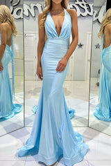 Trendy Mermaid Halter Neck Blue Long Prom Dress with Backless