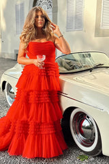 Trendy A Line Strapless Apricot Long Prom Dress with Ruffles