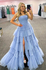 Trendy A Line Strapless Apricot Long Prom Dress with Ruffles