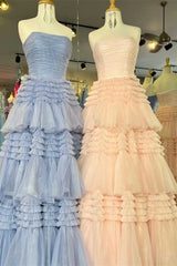 Trendy A Line Strapless Apricot Long Prom Dress with Ruffles