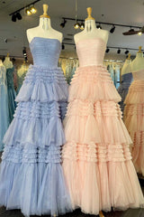 Trendy A Line Strapless Apricot Long Prom Dress with Ruffles