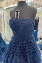 Trendy A Line Strapless Apricot Long Prom Dress with Ruffles