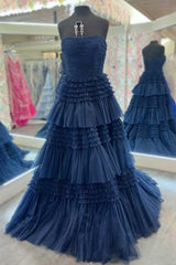 Trendy A Line Strapless Apricot Long Prom Dress with Ruffles