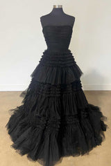 Trendy A Line Strapless Apricot Long Prom Dress with Ruffles