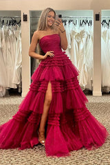 Trendy A Line Strapless Apricot Long Prom Dress with Ruffles