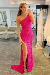 Hot Pink Mermaid Glitter One-Shoulder Backless Prom Dress With Sequins