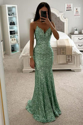 Sparkly Sequin Mermaid Spaghetti Straps Long Prom Party Dress