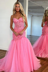 Gorgeous Mermaid Sweetheart Long Tulle Prom Dress With Beading And Appliques