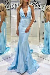 Trendy Mermaid Halter Neck Blue Long Prom Dress with Backless