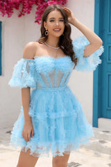 Gorgeous A Line Off the Shoulder Royal Blue Cortset Homecoming Dress