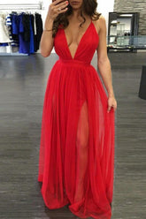 Hot Sexy Spaghetti Straps Red Long Prom Dress with Backless