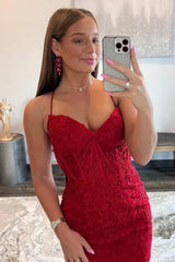 Sexy V Neck Spaghetti Straps Lace Homecoming Dress With Applique
