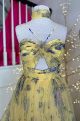 Stylish A Line Halter Neck Yellow Printed Tulle Long Prom Dress with Keyhole
