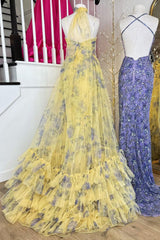 Stylish A Line Halter Neck Yellow Printed Tulle Long Prom Dress with Keyhole