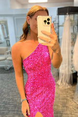 Hot Pink Mermaid Glitter One-Shoulder Backless Prom Dress With Sequins