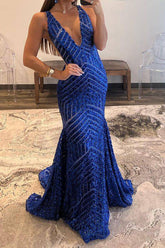 Hot Selling Mermaid Deep V Neck Royal Blue Sequins Long Prom Dress