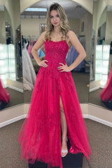Stunning A Line Spaghetti Straps Fuchsia Long Prom Dress with Appliques