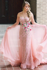 Sweetheart Floral Embroidery Pink Prom Dress with Train