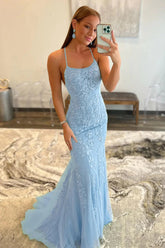Mermaid Spaghetti Straps Blue Long Prom Dress with Appliques