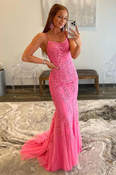 Mermaid Spaghetti Straps Hot Pink Long Prom Dress with Appliques