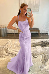 Mermaid Spaghetti Straps Lavender Long Prom Dress with Appliques
