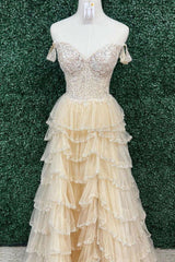 Elegant A Line Off the Shoulder Corset Light Champagne Corset Prom Dress with Lace Ruffles