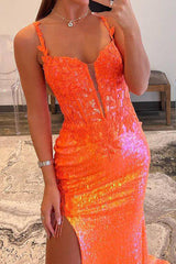 Gorgeous Mermaid Spaghetti Straps Orange Sequins Long Prom Dress with Appliques