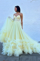 Stylish A Line Sweetheart Yellow Corset Prom Dress with Appliques Ruffles