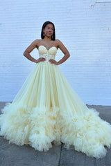 Stylish A Line Sweetheart Yellow Corset Prom Dress with Appliques Ruffles