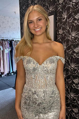 Sparkly Mermaid Off the Shoulder Silver Corset Prom Dress with Split Front