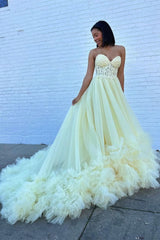 Stylish A Line Sweetheart Yellow Corset Prom Dress with Appliques Ruffles