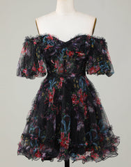 Pretty Fuchsia Puff Sleeves A-Line Short Party Dress