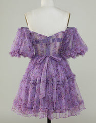 Pretty Fuchsia Puff Sleeves A-Line Short Party Dress